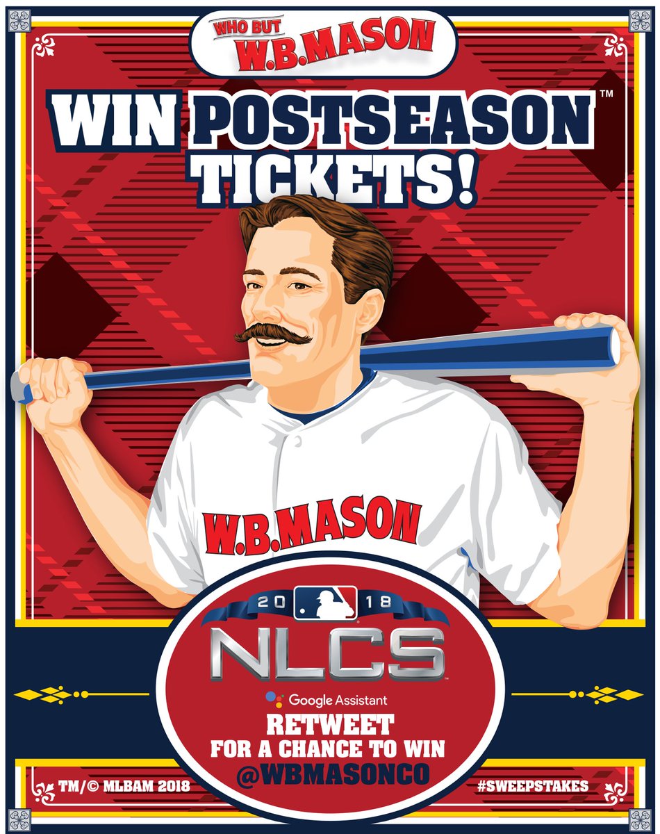 WBMasonCo's tweet image. Follow @WBMasonCo &amp;amp; RT FOR A CHANCE TO WIN tickets for one game of the National League Championship Series presented by Google Assistant! #whobut #wbmason #Sweepstakes #NLCS

Enter by 8:59:59PM ET on 10/11/18. 
*Travel &amp;amp; Accommodation not included* Rules: wbmason.com/dynamicpage.as…