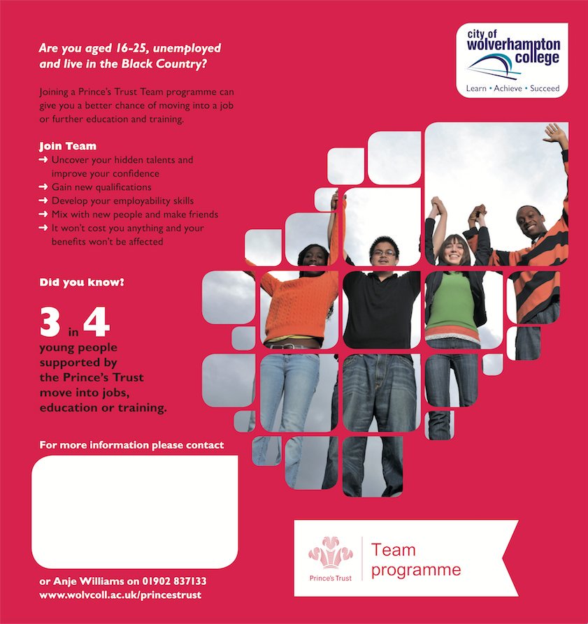 Walsall Prince's Trust Programme still has spaces available on their upcoming 12 week programme for more information please contact Sarah on 07741140366 or email bournes@wolvcoll.ac.uk