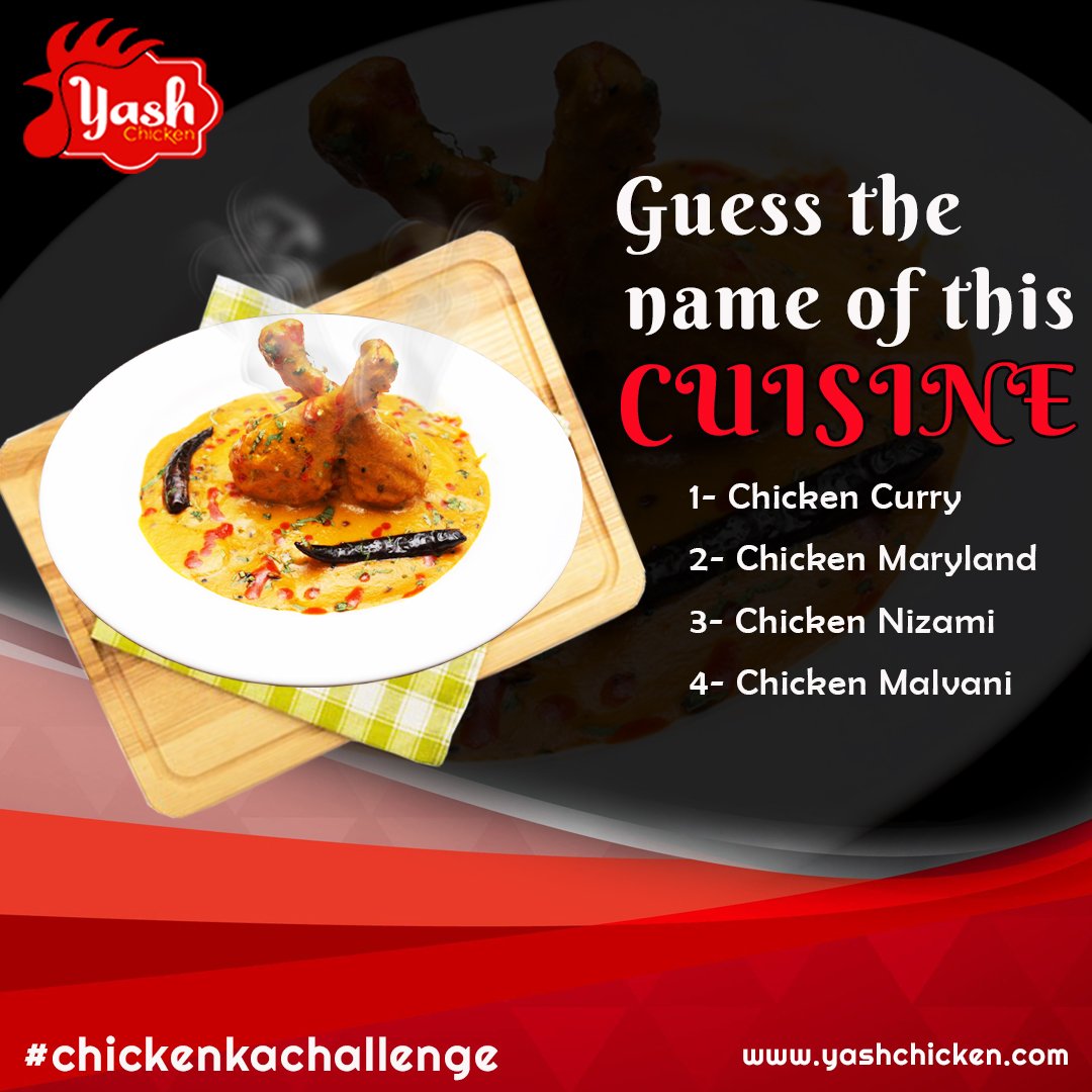 yashchicken's tweet photo. The question of the day..!
Answer the question and taste your knowledge about chicken. Submit your entries with #chickenkachallenge in the comment box.
Contest Valid for only pune people*
T&C https://t.co/1R8miyRZW7
#contestalert #contestpune #prize #luckywinner #yashchicken https://t.co/poyy4D2fQs