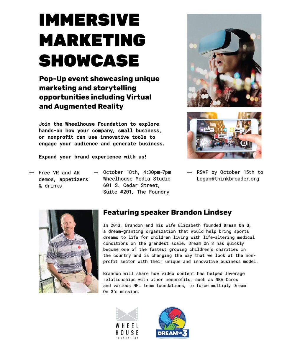 think_broader's tweet photo. Excited to have Founder &amp; CEO of  @Dream_On_3 Brandon Lindsey in house as our key note speaker on behalf of our @wheelhousefdn and @think_broader next Thurs., Oct 18. Full event details below &amp; don’t forget to RSVP. Look forward to seeing you here! https://t.co/vaTeBRuDM5