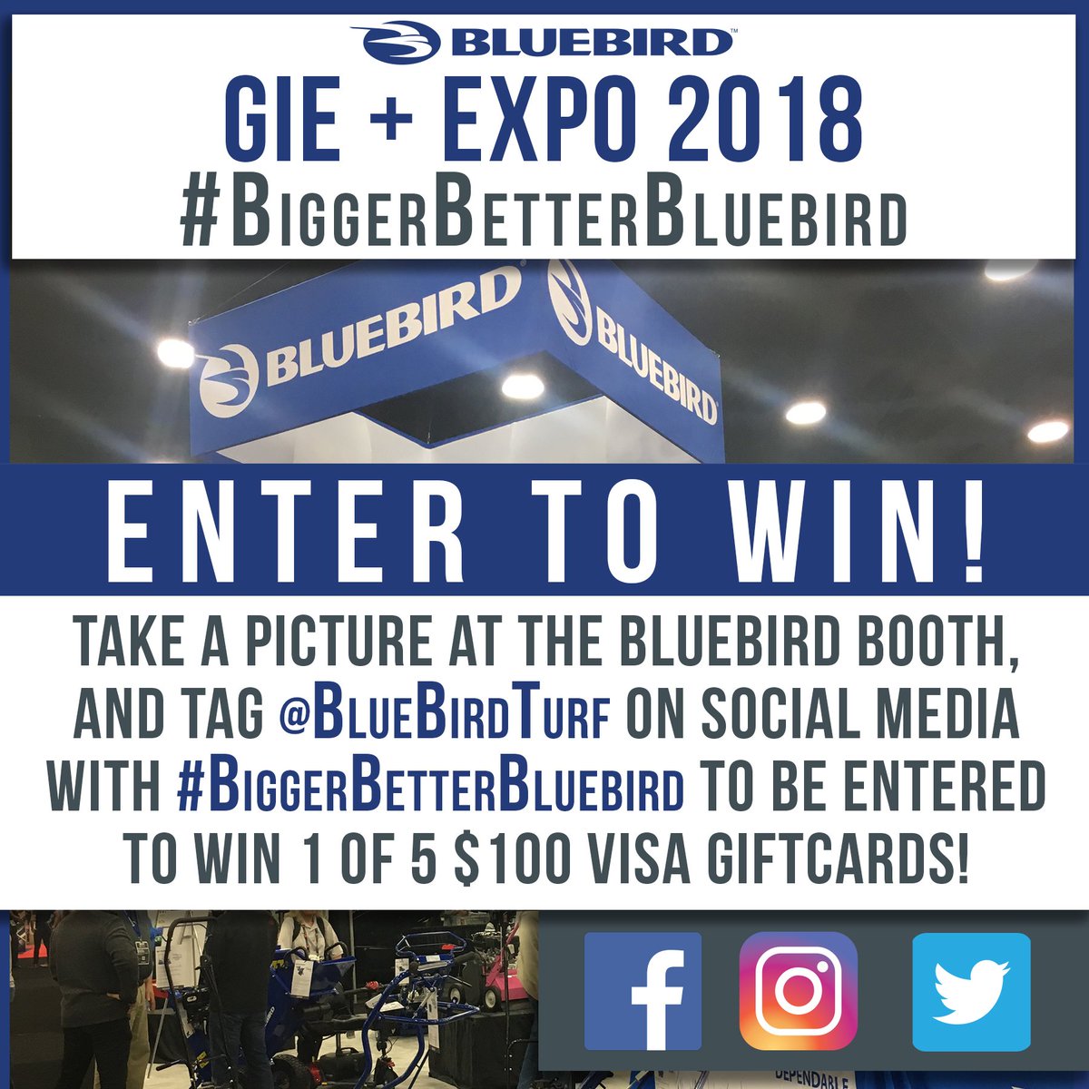We've upgraded our indoor and outdoor space at @GIE_EXPO!

Come experience a Bigger, Better BlueBird. To celebrate, we're giving away 5 $100 Visa gift cards! Enter to win by taking a picture at one of our booths &amp; tagging us on social media with the hashtag #BiggerBetterBluebird