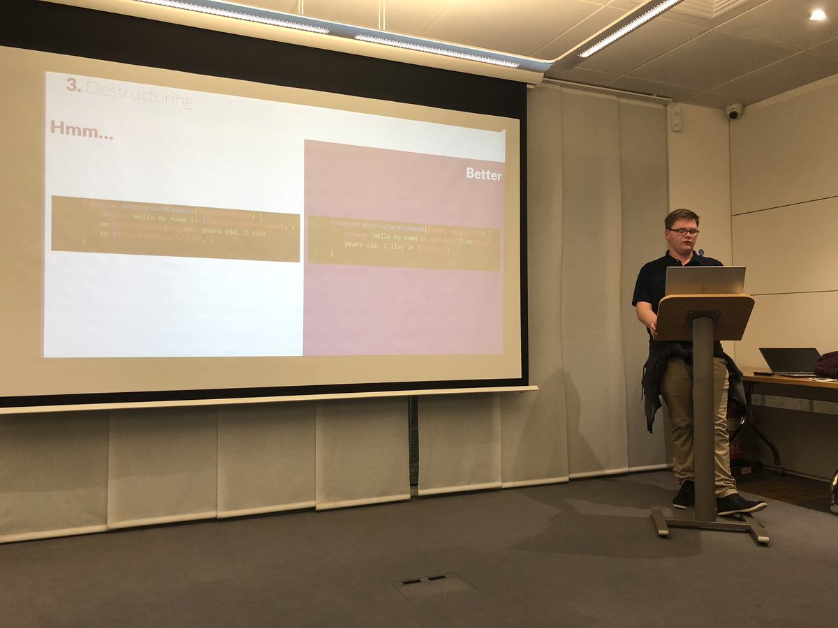 leicesterjs's tweet image. De-structuring rules! Great refactoring tips from Kyran Moore #LeicesterJS
