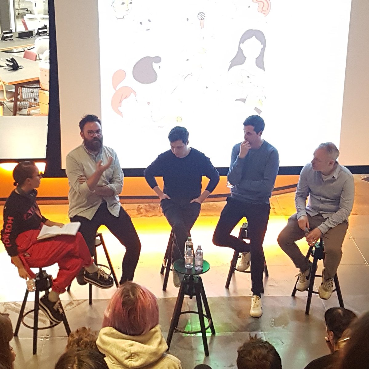 Here with @unawoods @Laughing_Lion @AGillustrates (back row, cushion!) At 'AOI discusses creating your own success'. The Project Twins @the_project_twins , Steve McCarthy @mrstevemccarthy and Peter from @wearerothco in conversation with @loubones from @theaoi.