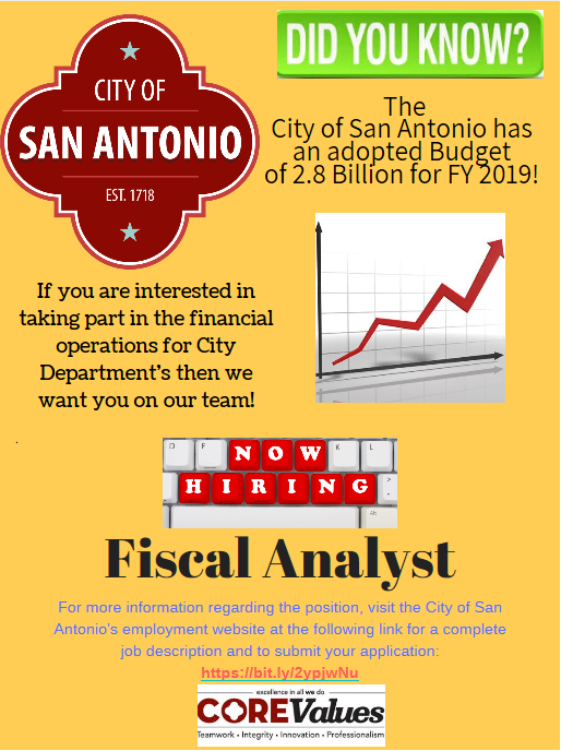 HOT JOB: Fiscal Analyst with bachelor's degree and at least 4 years of related experience *Visit sanantonio.gov/careers to apply!* Salary: $52K+ 😉 #SAP #SanAntonio #satx
