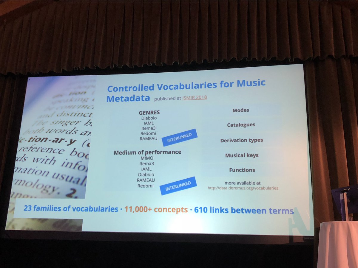 rtroncy's tweet image. #DOREMUS has developed and interlinked more than 20 #SKOS controlled vocabularies for describing instruments, music genres, artists roles, etc. #iswc2018 #iswc_conf