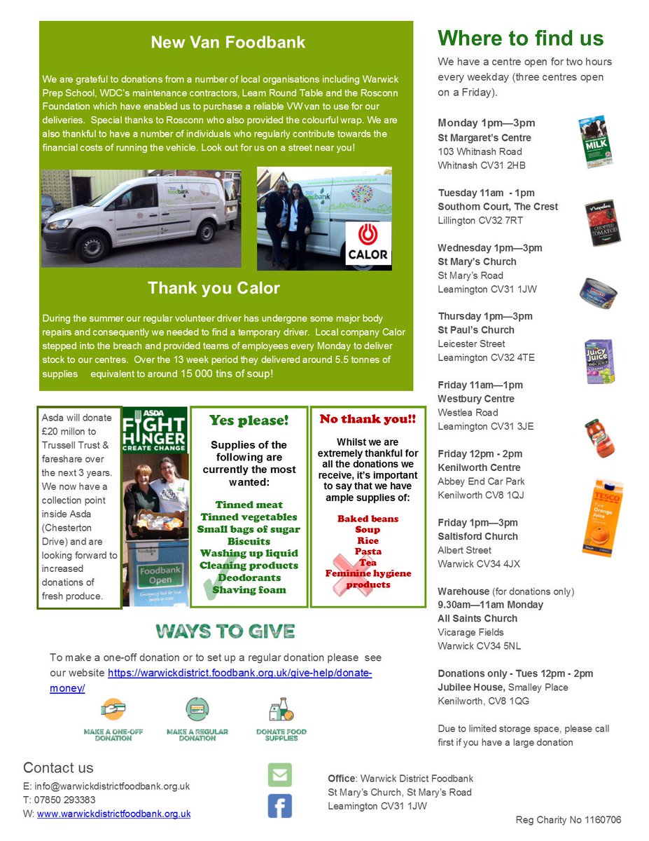 The latest edition of the Warwick District Foodbank newsletter is out now! For the latest stats, news about our van, and info on which items we're most in need of, click the images below.