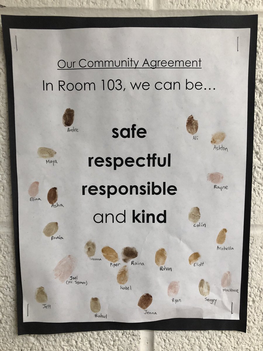 JoelSeaman's tweet photo. A month long inquiry into the kind of classroom we want to have this year (and the role that our daily choices play in that) has culminated in the co-creation of our Community Agreement #waytobein103 https://t.co/dCACM4j5P3