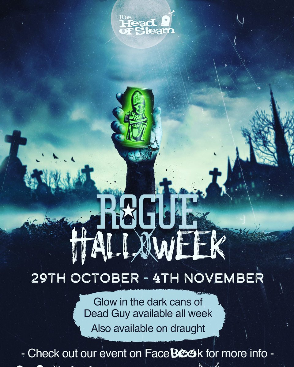 HOS_Liverpool's tweet photo. Who’s excited for Halloween we will have @rogueales dead guy on draught and glow in the dark cans available all week #rogue #roguedeadguy #halloween #hoshalloweek #quiz #costumes #decorations https://t.co/Fp81IPsOcY