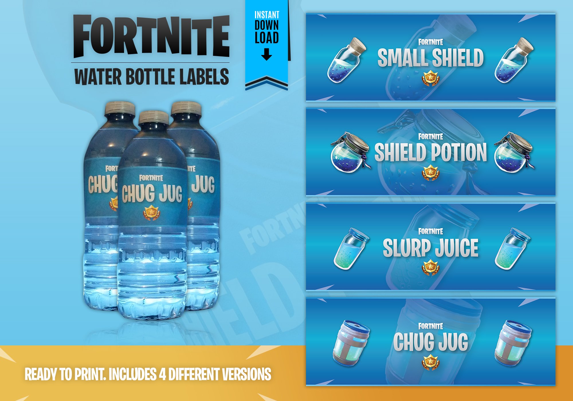 PartyUpDesigns on X: Are your children saying their constantly thirsty? If  so why not grab them a healthy bottle of chug jug, small sheild, potion or  slurp juice? Water bottle labels can