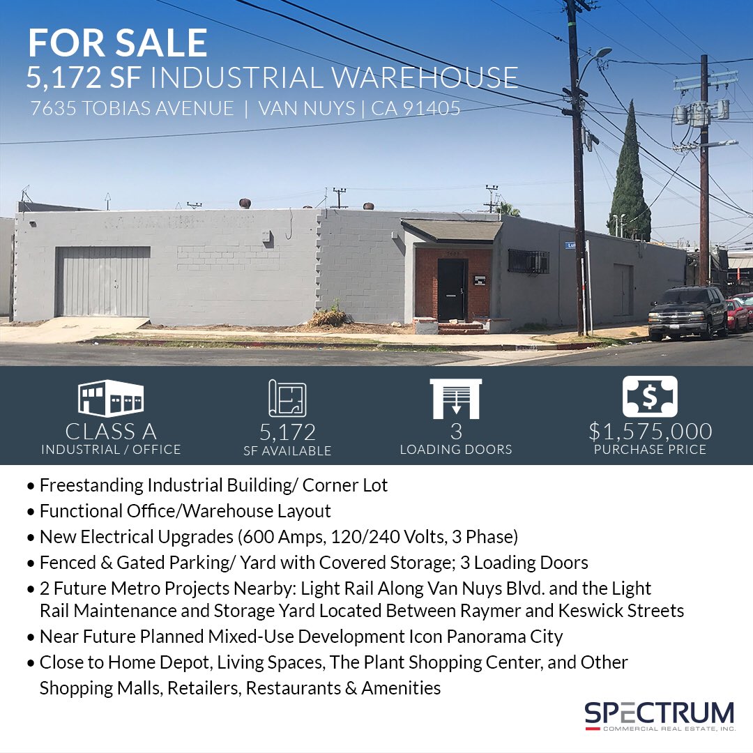 🗣FOR SALE
5,172 SF Industrial Warehouse

For more information, contact:
Isaac Haimoff
(818) 252-9900
ihaimoff@spectrumcre.com
.
.
#SpectrumCRE #Broker #CommercialRealEstate #RealEstate #VanNuys #VanNuysRealEstate #CommercialProperty #CommercialBroker #IndustrialBroker #ForSale