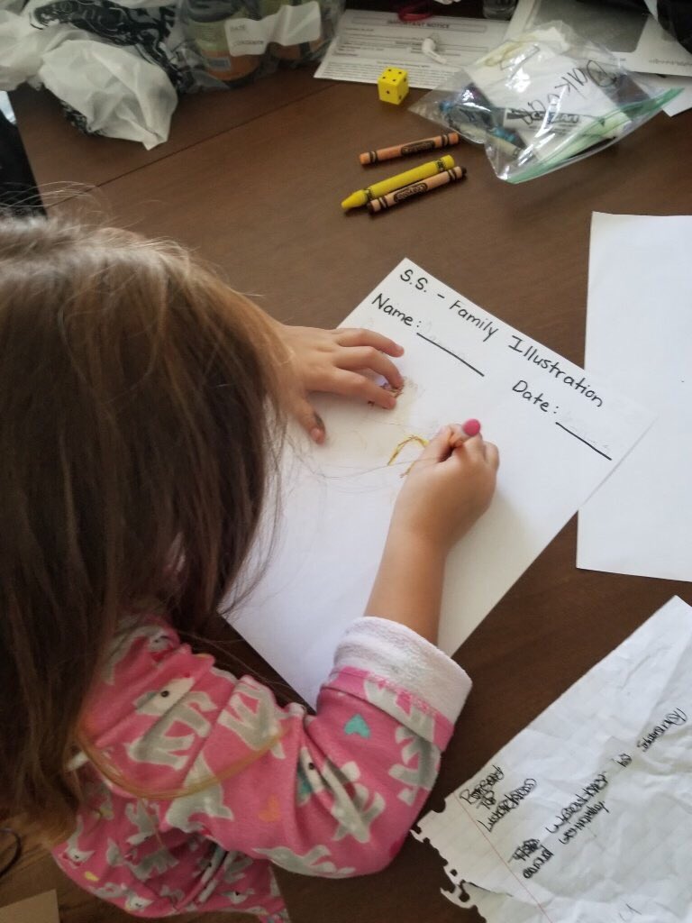 ShelbyLChastain's tweet image. The best thing about #a5elearning day is doing school in your PJ’s. Dakoda is comfy while she works hard on her family illustration. @A5WHES