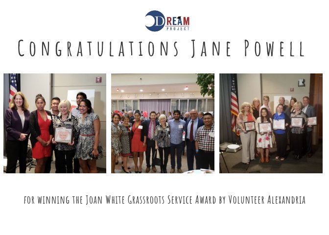 DreamProjectVA's tweet photo. Congratulations Jane Powell!!! Thank you for all your hours of service and for supporting #dreamers in their quest to #highered 
Thanks to @Volalex  for recognizing this inspiring community leader! #dreamers #dreamproject #DPsuccess https://t.co/Dpchg2a17e