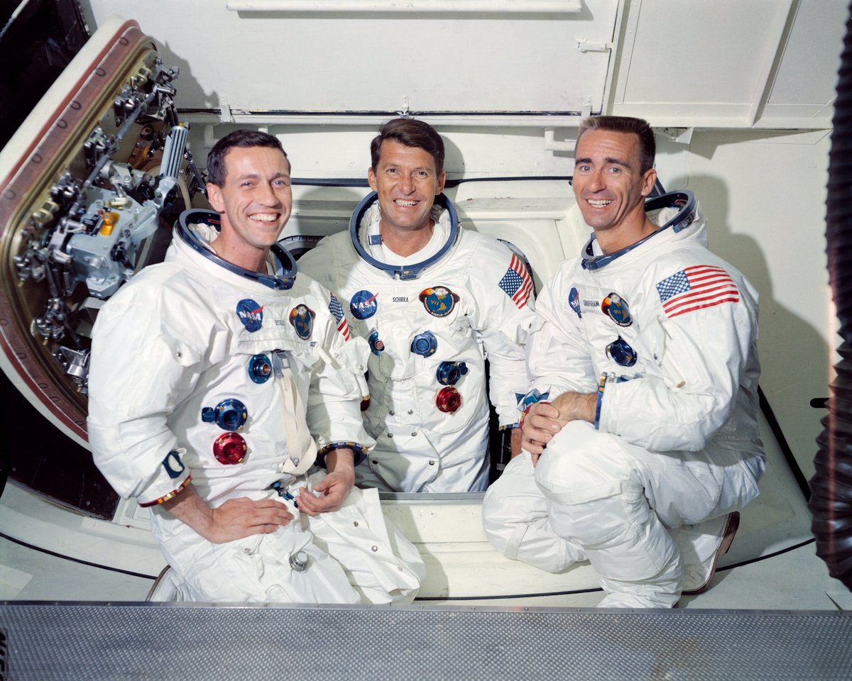 NASAJohnson's tweet photo. 50 years ago today, the Apollo 7 mission blasted into orbit! The success of this first manned Apollo flight was critical for future lunar exploration. Astronaut Wally Schirra enjoyed the ascent, reporting "She is riding like a dream." #Apollo50 https://t.co/AlDm5pglT1 https://t.co/SWKxCZqNEp