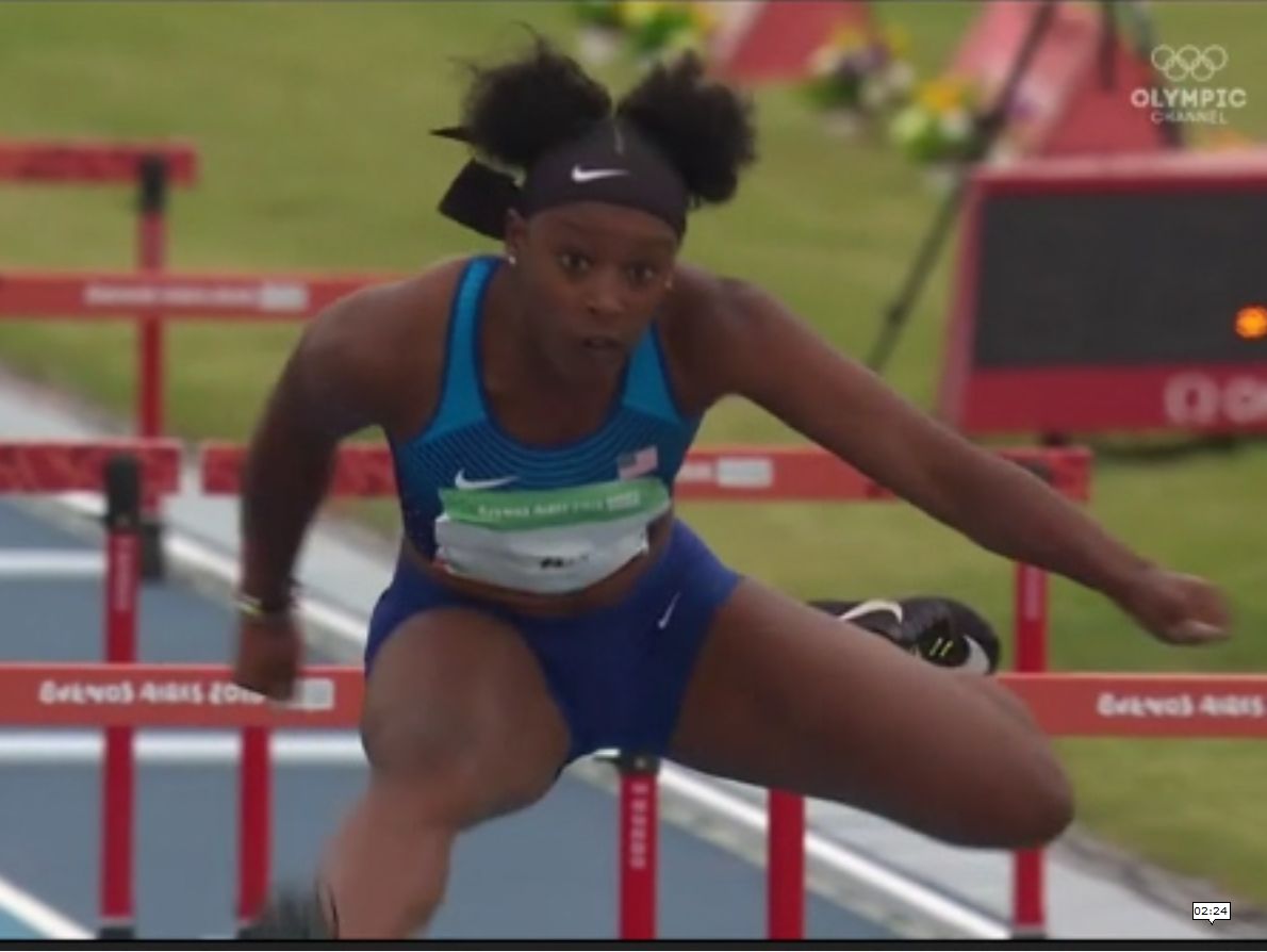 The announcers seemed shocked but we weren't. <a href="/GraceStark18/">Grace Stark</a> wins the first heat at the Youth Olympics in 13.31. That breaks the STATE RECORD in the 30" hurdles (old 13.46 Bridgette Owens [Southfield] 2009).

(The USA high school height is 33", but the IAAF runs 30" for U18.)