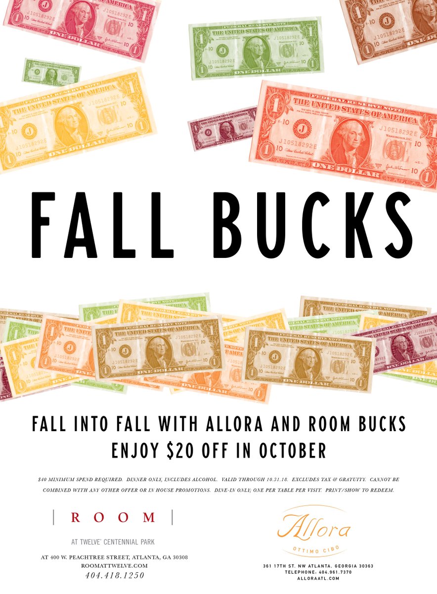 carenwestpr's tweet photo. Fall into the flavors of fall at @AlloraAtl and @RoomatTwelve this October, because when you show this flyer you can receive $20 off you bill of $40 or more. #fallbucks https://t.co/fGQChQ8iXz