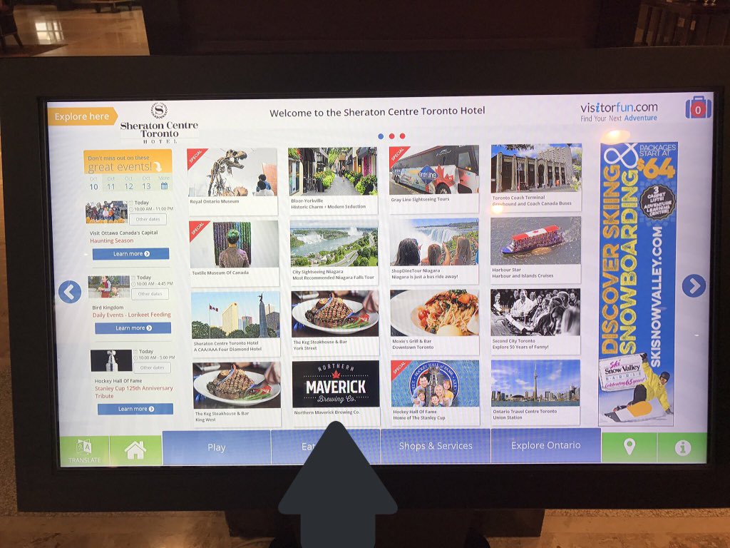 GarrickTheDJ's tweet photo. Love this @VisitorFun screen @SheratonCentre.
A great resource if you're looking for things to do in #Toronto. I even stumbled on @NorthernMavBeer which is a huge hotspot!
#tourism #travel #yyz #LeafsForever #WeTheNorth #drink #eat #CityofTO https://t.co/KUJcXEeNVz
