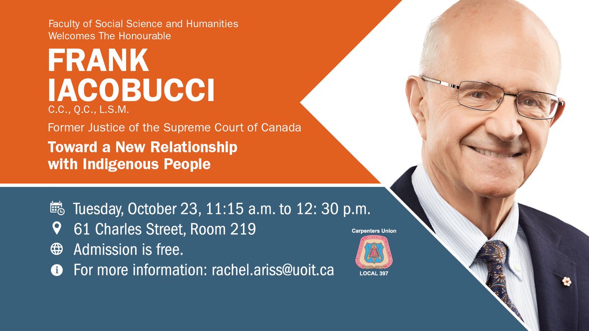 ontariotech_u's tweet photo. Pleased to welcome The Honourable Frank Iacobucci, one of our #UOITGrad18 Honorary Doctorate recipients, back to campus on Tuesday, October 23 as a part of @uoitFSSH's Distinguished Visitor Lecture Series.
Learn more: https://t.co/at4IavF35X https://t.co/ixoBpFYUci