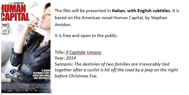LLC_CSU's tweet photo. Cold weather bringing you down? Come enjoy a cozy Italian film night tonight!
@LLC_CSU is pleased to present "Human Capital", based on the novel by Stephen Amidon.
October 11th, 7:00 p.m. in Behavioral Sciences, Room 107
#LLC_CSU #ItalianFilmNight #ColoState https://t.co/F3SxRQI0yz