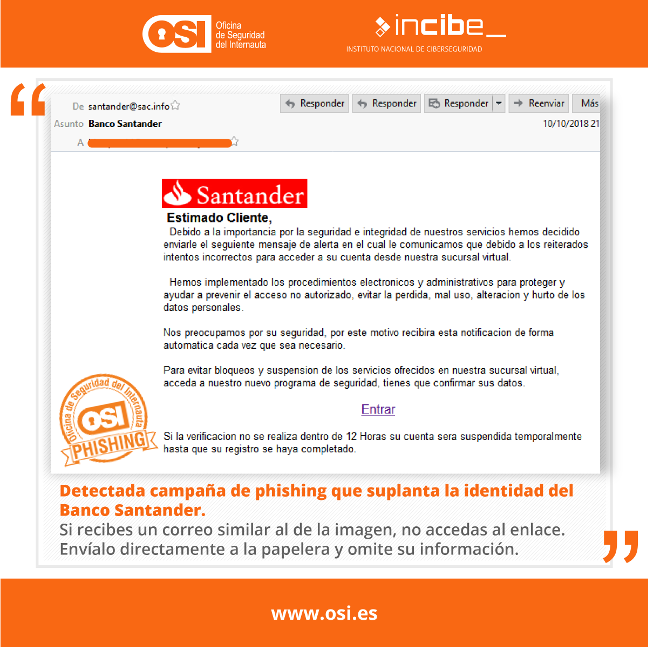osiseguridad's tweet image. 🚨¡Atención!🚨 Si recibes un correo de Banco Santander similar al de la imagen, elimínalo, es un #fraude. #Phishing

osi.es/es/actualidad/…
