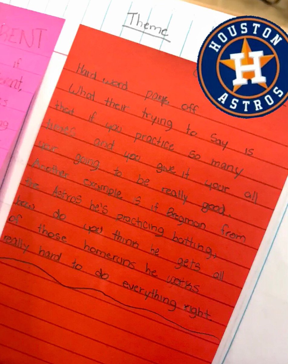Mrs_LGarcia's tweet photo. My student wrote about the theme we found in “The Salt in his Shoes”. She explained what ”Hard work pays off” meant to her, and gave an example of @ABREG_1 from our @astros 🧡⚾️💙 #NeverSettle #HoustonAstros #InsiderChart @DPISD_DWE #HardWorkPaysOff https://t.co/fkSSJQygUr