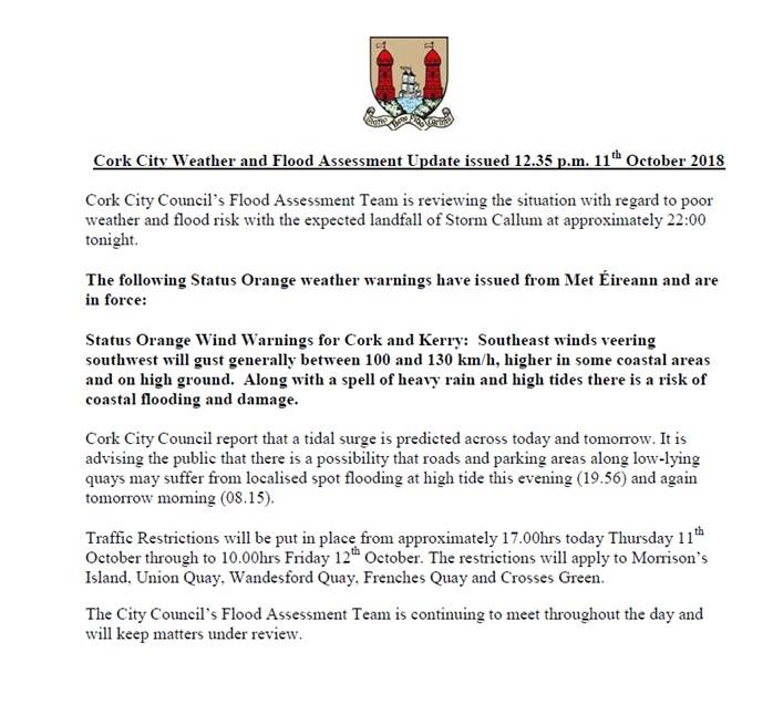 CorkSafetyAlert's tweet photo. Statement from @corkcitycouncil

Traffic restrictions will be in place from approx. 17:00 today (Thursday), until 10:00 on Friday, 12th October.

Restrictions will apply to Morrison’s Island, Union Quay, Wandesford Quay, Frenches Quay and Crosses Green. https://t.co/qPoQx7Tc0D