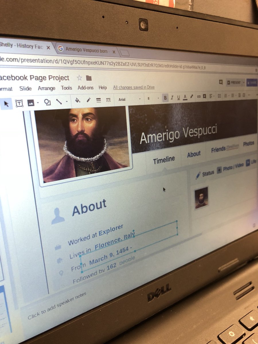 DerekTranchina's tweet photo. Not your typical research project! 8th graders in Mrs. Fischer’s Italian class are using google slides to make fake Facebook pages for famous Italians from History #GoogleEDU #fuggetaboutit https://t.co/VtCTxW7CVV