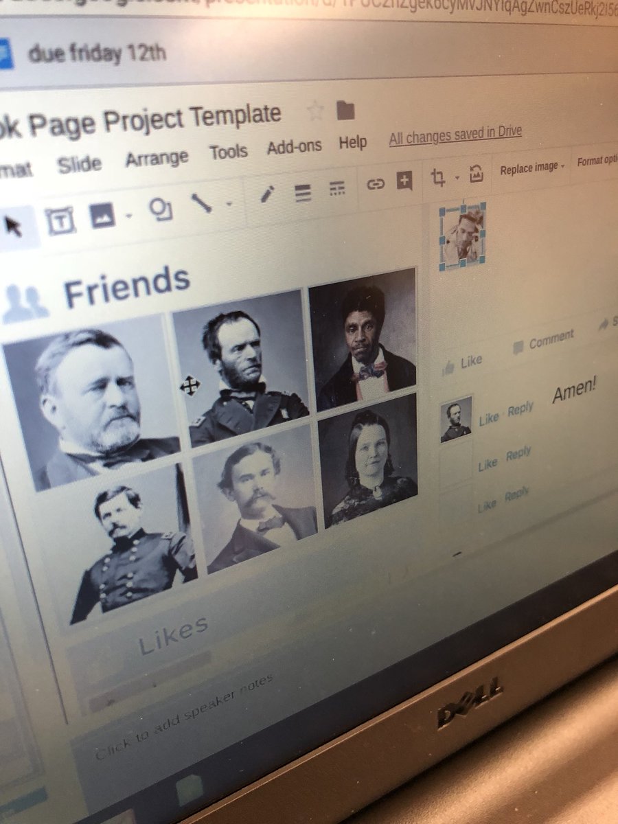 DerekTranchina's tweet photo. Not your typical research project! 8th graders in Mrs. Fischer’s Italian class are using google slides to make fake Facebook pages for famous Italians from History #GoogleEDU #fuggetaboutit https://t.co/VtCTxW7CVV