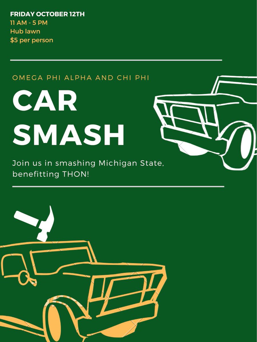 Car smash tomorrow on the Hub lawn from 11-5! Stop by to smash cars and help raise money for THON!