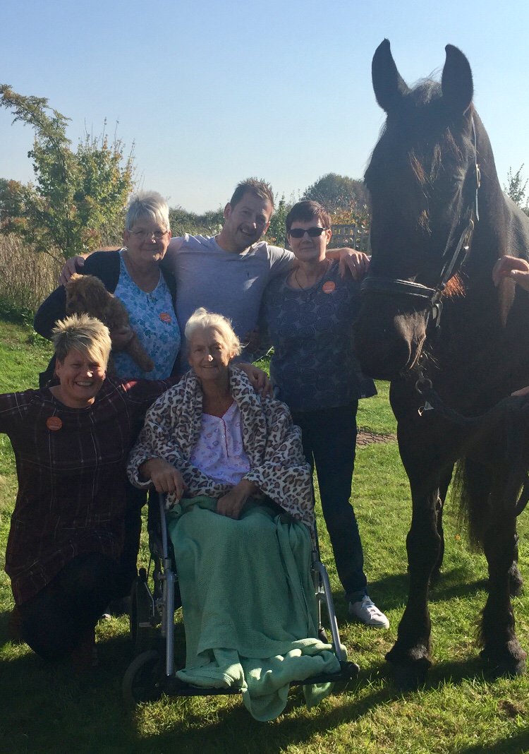 StGilesHospice's tweet photo. A special equine visitor met our patient Carol and her family this #HospiceCareWeek 
Her son Anthony said “When
we first talked about Mum coming into the hospice, I had that scared feeling,
because we thought it was just a place where people come to die. 
1/2 https://t.co/45lNf8ysks