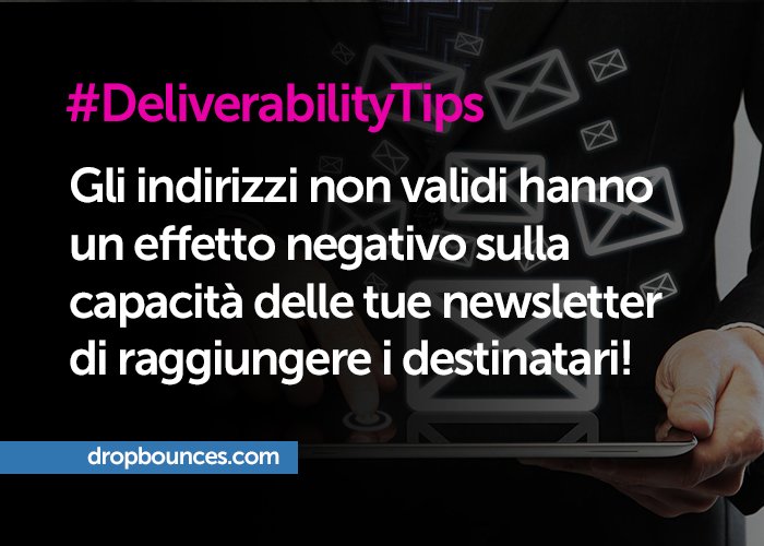 DropBounces's tweet photo. [#EmailMarketing #Deliverability #Imprese]
Lo sapevi che gli indirizzi non validi hanno un effetto negativo sulla capacità delle tue newsletter di raggiungere i destinatari?
Elimina gli indirizzi email errati e raggiungi più utenti!
https://t.co/tuNIDwK0Zz può darti una mano! https://t.co/jNGy3uaSwU