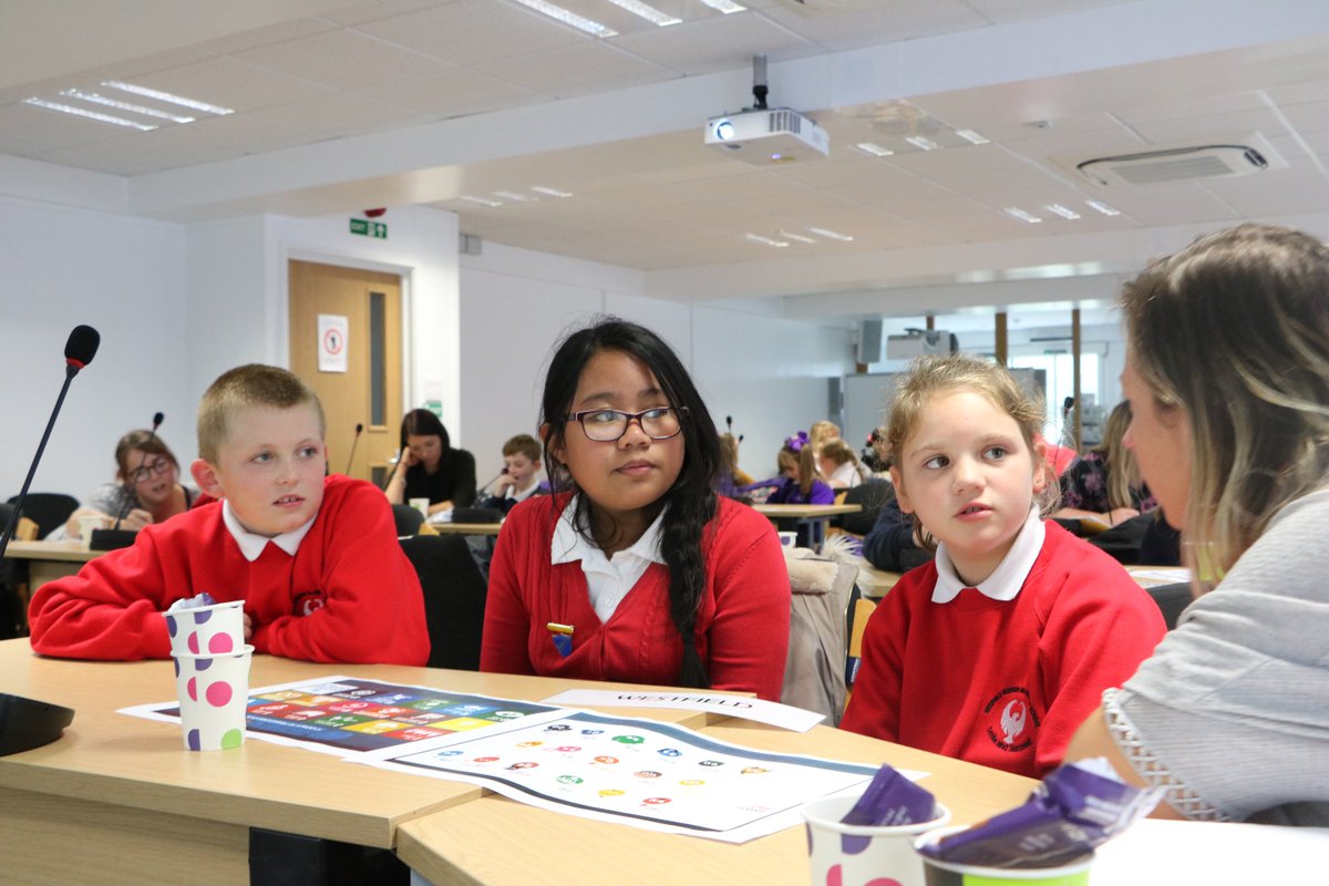 This afternoon we hosted 40 pupils from different schools in the Workington School Council Partnership meeting. Here's Louise, Lexie, Dlythe and Connor from Westfield Nursery &amp; Primary School discussing how to reduce food waste and increase recycling. @WestfieldNPS