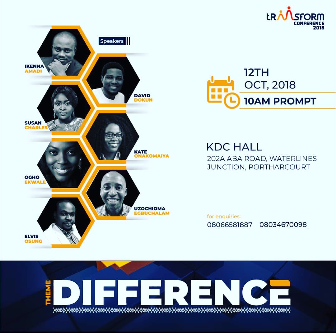 AMADIIKENNAK1's tweet photo. The tRANSFORM Project exists to build leaders by causing a paradigm in thinking patterns.

Invite a Teenager!

Friday 12 October 2018
9:00am
KDC Halls 202A Aba road opposite Mobil Filling Station, Waterlines junction, Port Harcourt

#tRANSFORM18
#MakingADifference
#Difference https://t.co/KOwW76bVqN