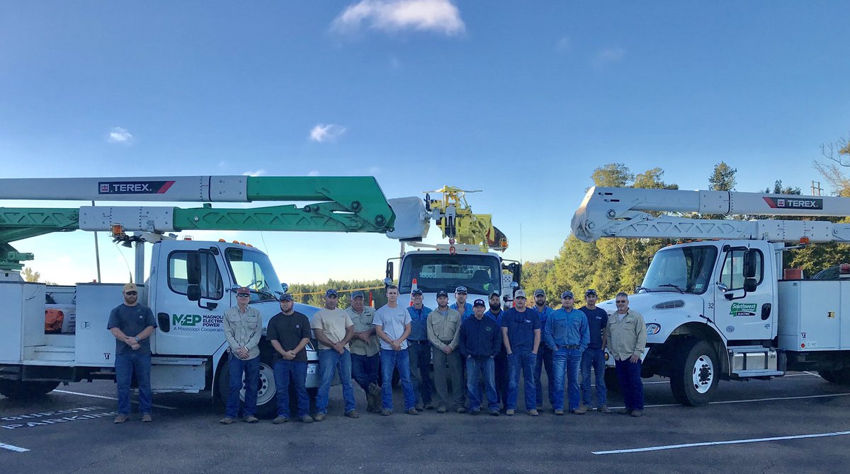 MEPCoop's tweet image. Crews from MEP and @SWElectricCoop met this morning in Brookhaven to travel together to West Florida Electric. Both co-ops will be working to aid in the restoration efforts after Hurricane Michael devastated WFE’s electric system. #HurricaneMichael #CooperationAmongCooperatives