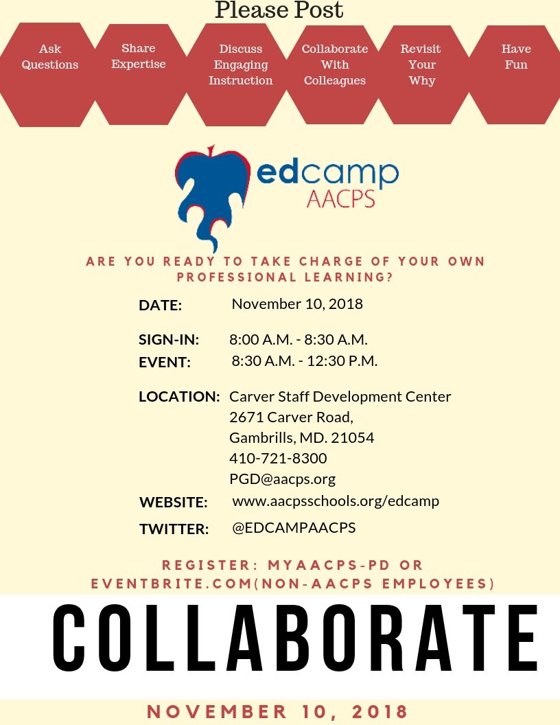 What has changed this year?  Share and explore problems and solutions  
November 10th, 2018  – edcampAACPS 
Register aacpsschools.org/edcamp