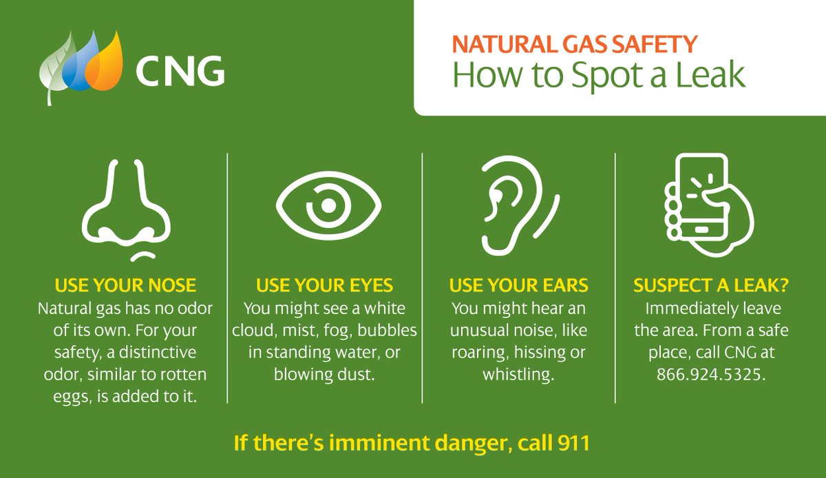 CTNaturalGas's tweet image. Do you know how to spot a gas leak? Pass it on. #BeInformed #GasSafety #CTNaturalGas