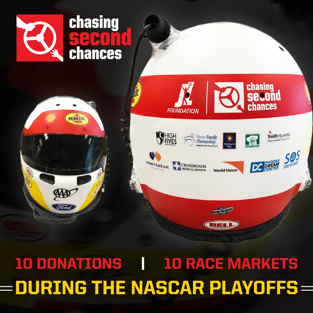 JoeyLoganoFDN's tweet photo. Take a look at @joeylogano’s helmet for @TalladegaSuperS & the remainder of the #NASCARPlayoffs representing logos of all 10 donations made for 2018 #ChasingSecondChances program! #TeamJL #secondchances #Shell #Pennzoil #forthekids #Awareness #Inspire #AAA #Ford #TeamPenske https://t.co/kwPf4xZBI1