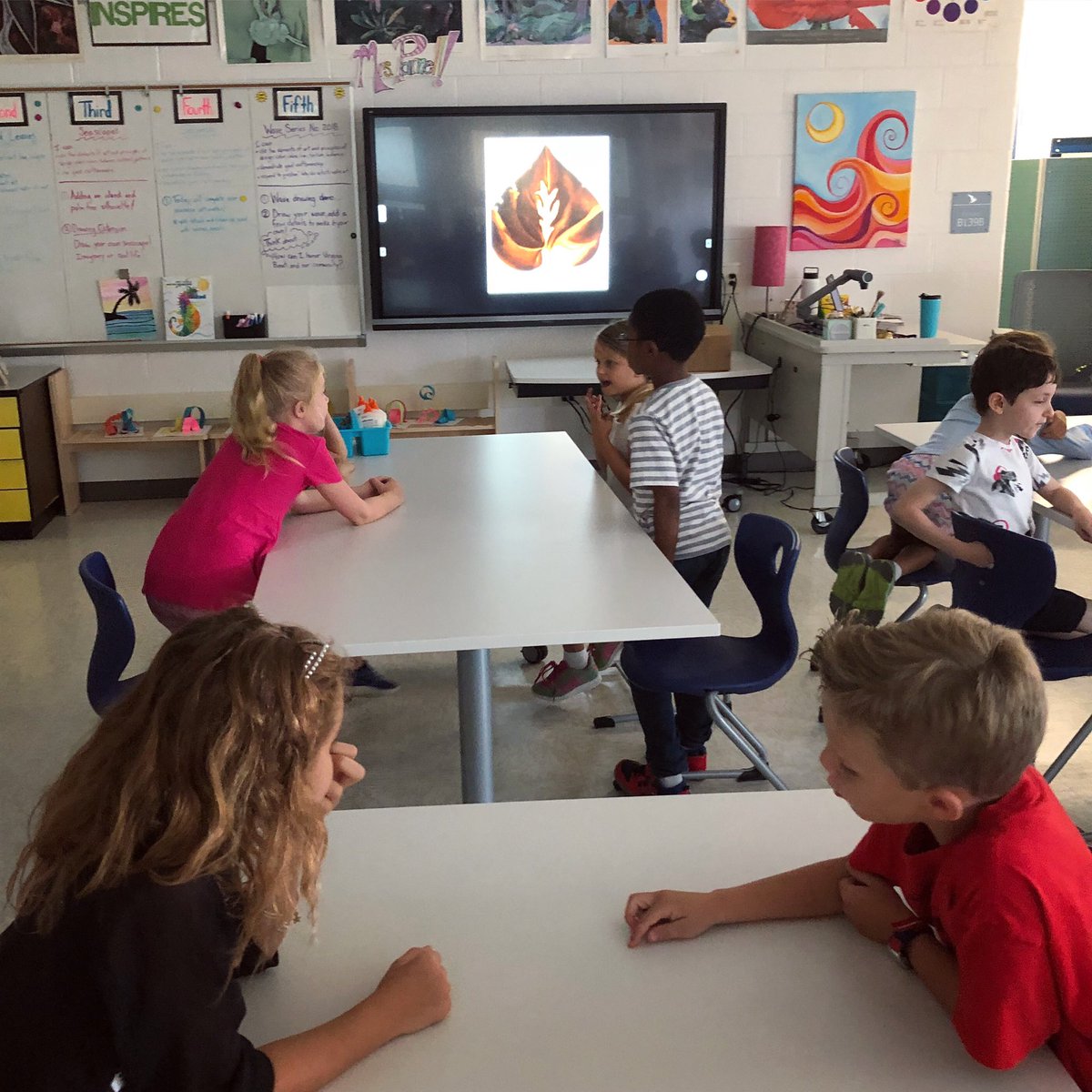 niki_parnell's tweet photo. 2nd grade observing &amp; describing the art of Georgia O’Keeffe. They are looking for the lines, shapes &amp; colors they see to help inspire our next project. We practice sharing our thoughts &amp; ideas respectfully as well as listening to the thoughts &amp; ideas of others.❤️ @JbdElem https://t.co/1ig2DFeeu1