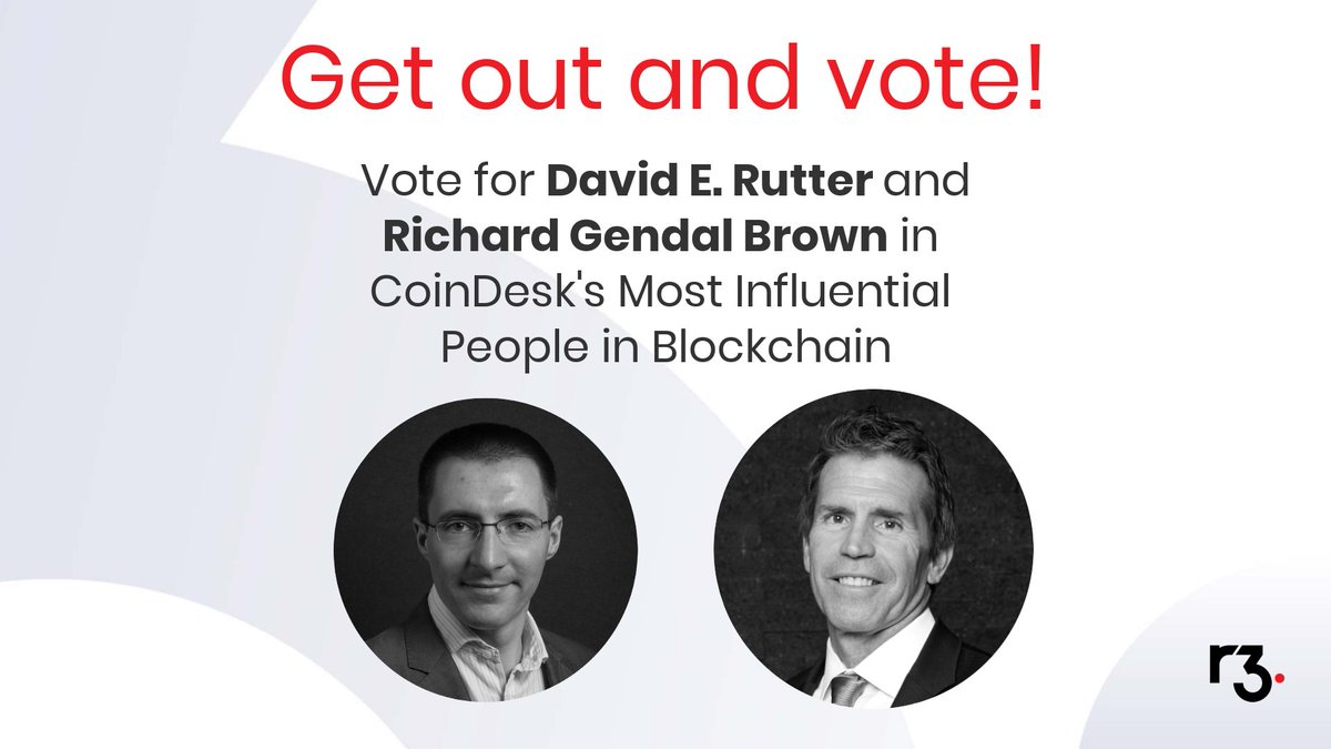 inside_r3's tweet photo. David E. Rutter and Richard Gendal Brown have been nominated for @CoinDesk's #MostInfluential2018 so make sure you vote today! https://t.co/utL44DPimC #Corda @daviderutter1 @gendal https://t.co/h8sj8JtbKq