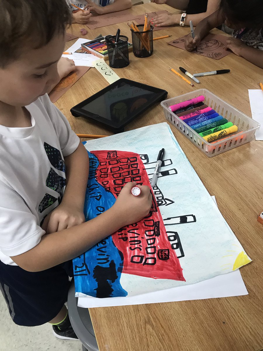 “I’m making a ship. There are windows and lifeboats and an American flag. I read a book about the Titanic and after that I really liked ships a lot.”