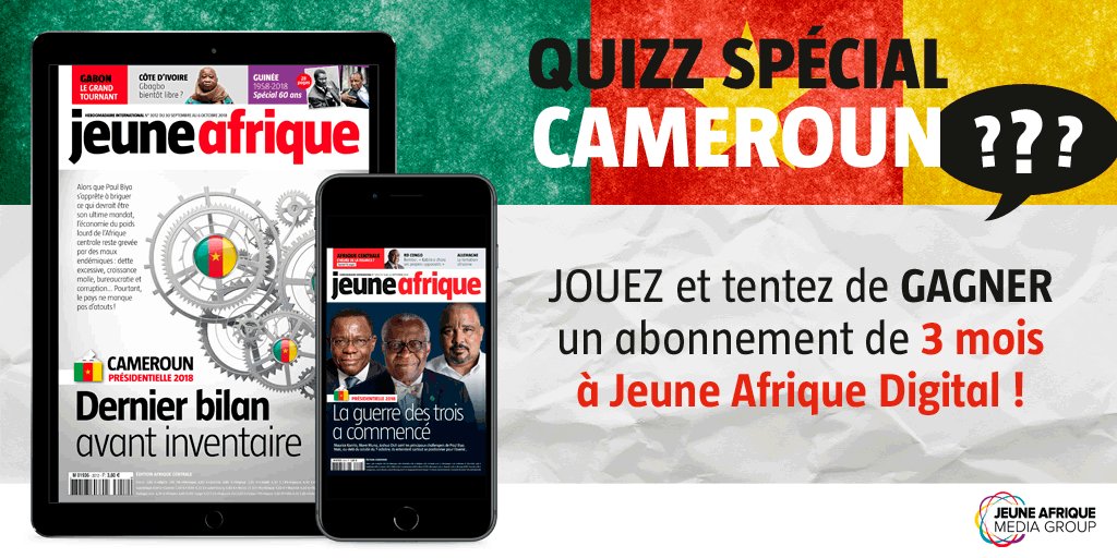 jeune_afrique's tweet photo. [JEU-CONCOURS] Quizz Spécial Cameroun : Il vous reste 3 jours pour participer ! Jouez et tentez de gagner un abonnement digital Jeune Afrique d'une durée de 3 mois !  👉 https://t.co/Bp5sHbtpSJ https://t.co/DeqMLg2hi0