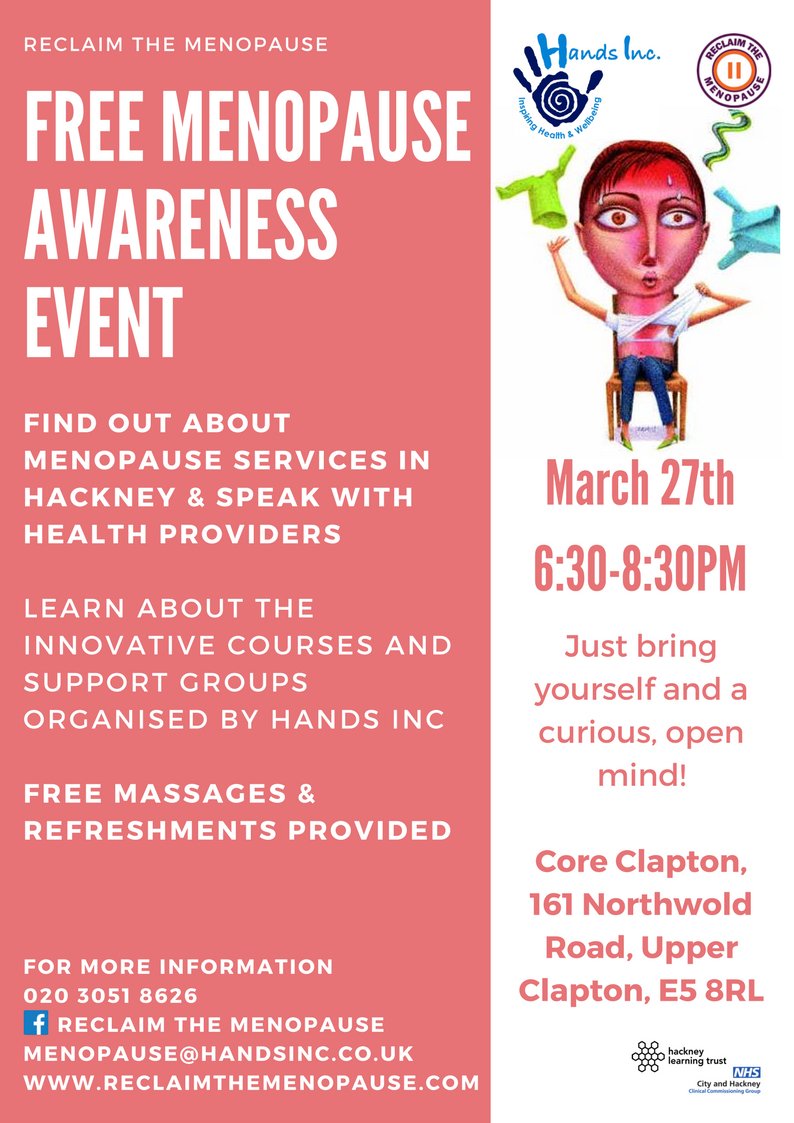 Another great #Menopause Awareness Event coming up next week in #Hackney. Fun and Games, massage tasters, stalls, performance. Book your free place now