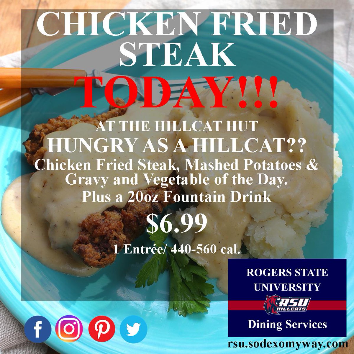 RSUDining's tweet photo. It's CHICKEN FRIED STEAK Day!!!!!
Yummy comfort food on this chili day. Come enjoy some chicken fried steak, mashed potatoes &amp; gravy and Corn. HillCat Hut 10:30 am to 3 pm.
#RSUDining #HillCatHut #ChickenFriedSteak https://t.co/edBtSNofIA