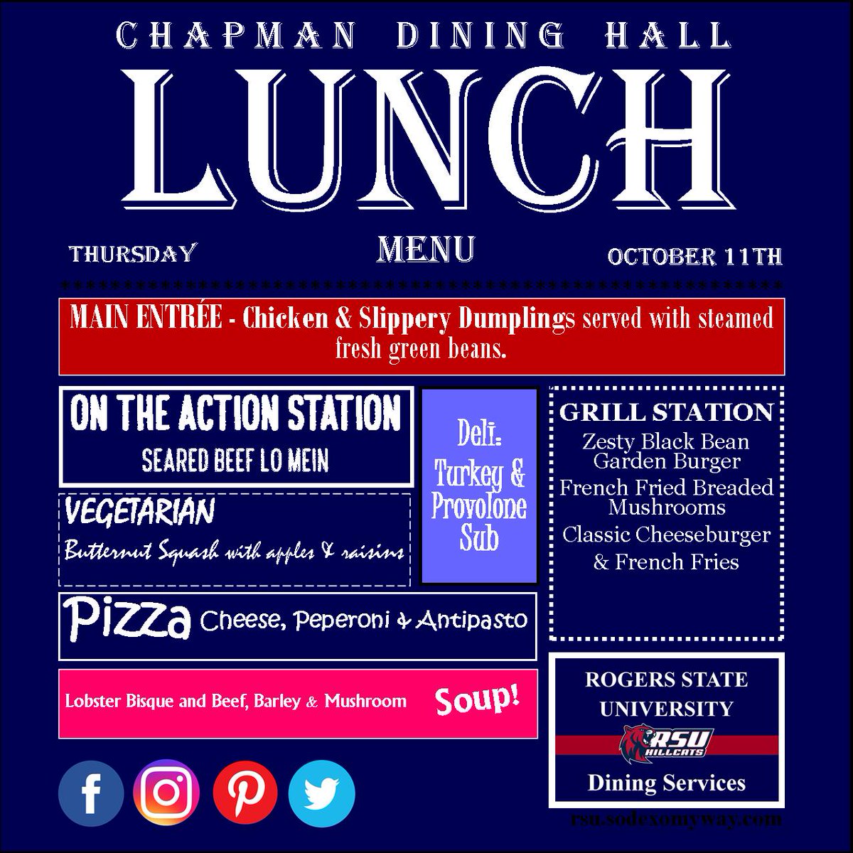 RSUDining's tweet photo. Here's what's on the Menu at Chapman Dining Hall today...
#RSUDining #ChapmanDiningHall #ThursdayMenu https://t.co/U05xOCGSm8