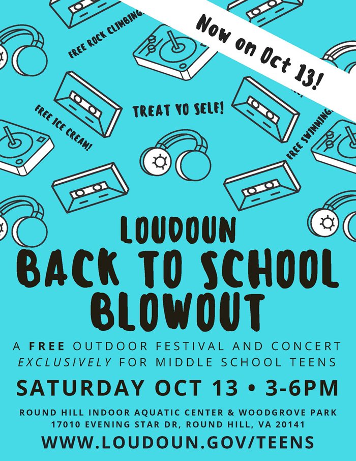 LoudounCoGovt's tweet image. The #Loudoun Back-to-School Blowout festival and concert for middle schoolers is on for Saturday, October 13, 2018, from 3:00 to 6:00 p.m. at Woodgrove Park and Round Hill Indoor Aquatic Center. Details here: bit.ly/2Og2NqK