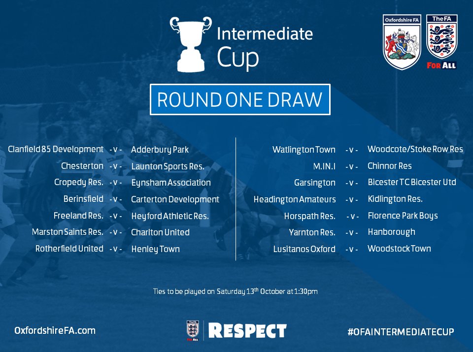 OxfordshireFA's tweet photo. 📆 This Saturday sees the start of the 2018/19 #OFAINTERMEDIATECUP with @ChinnorFCRes looking to begin the defence of their title away at newly formed @MiniFC2. 🏆 https://t.co/hycwwALImS