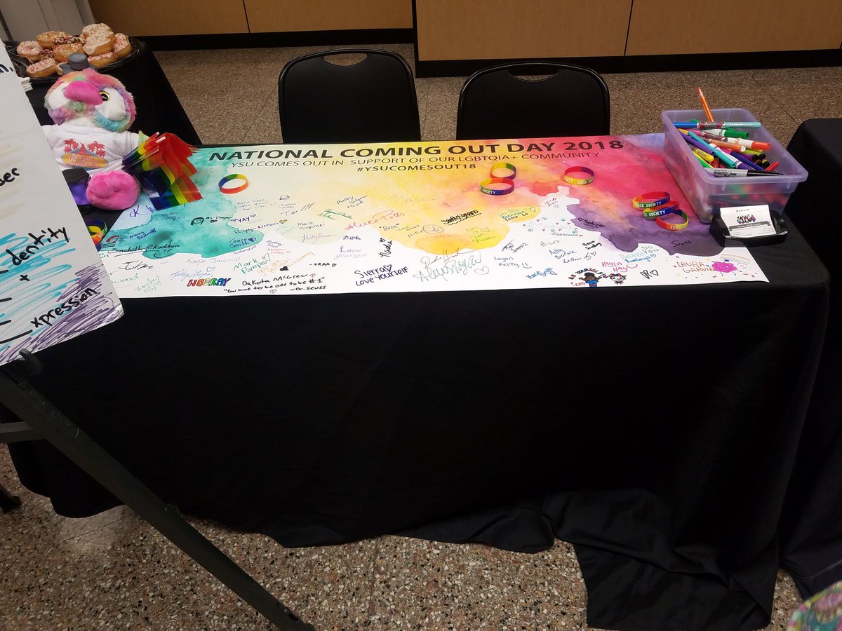 ysunity's tweet photo. Come on down to the table across from Pete's Treats and More! Sign the banner, take a picture with the rainbow arch, and get a donut! #ComingOutDay #ysu #ysunity https://t.co/RXWCZ8DOHt