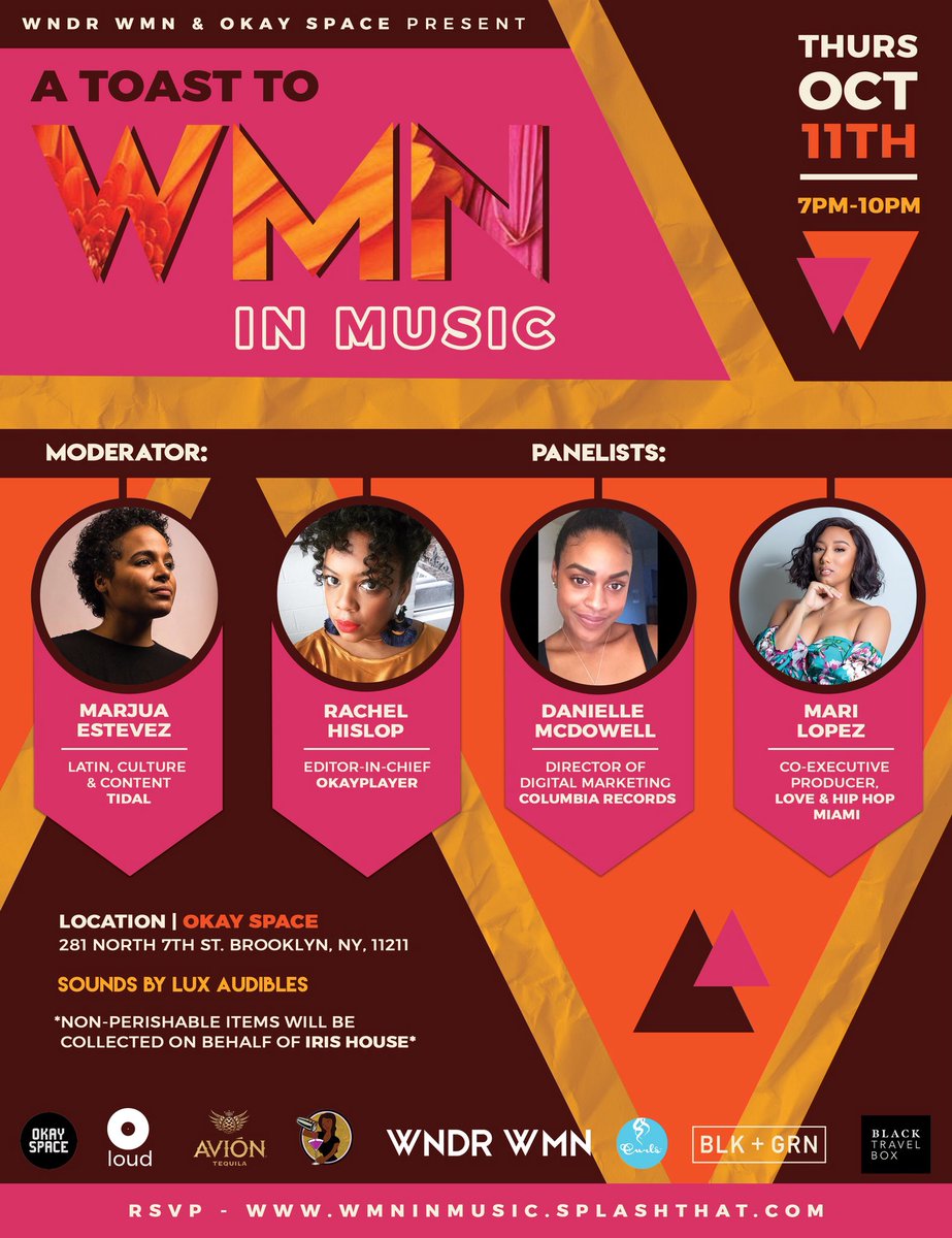DioMara_D's tweet photo. So excited for today @okayspace !!!

Can’t wait to hear from these amazing WMN @_MsEstevez @MiissHislop @Mari_PR &amp; @DaniAva_ !!!

Highly anticipated performance by @IMGAgency’s own @tanginastone !!

All proceeds and items being donated to @irishouse !!

#WNDRWMN #WMNINMUSIC https://t.co/Ztk7viC5ro