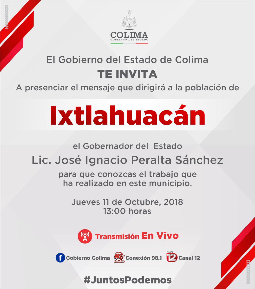 gobiernocolima's tweet photo. Acompáñanos este medio día a seguir #EnVivo el mensaje que dará el Gobernador Nacho Peralta a la población de Ixtlahuacán.
Te esperamos a partir de la 1:00 de la tarde 😁 https://t.co/ICvblvB3TA