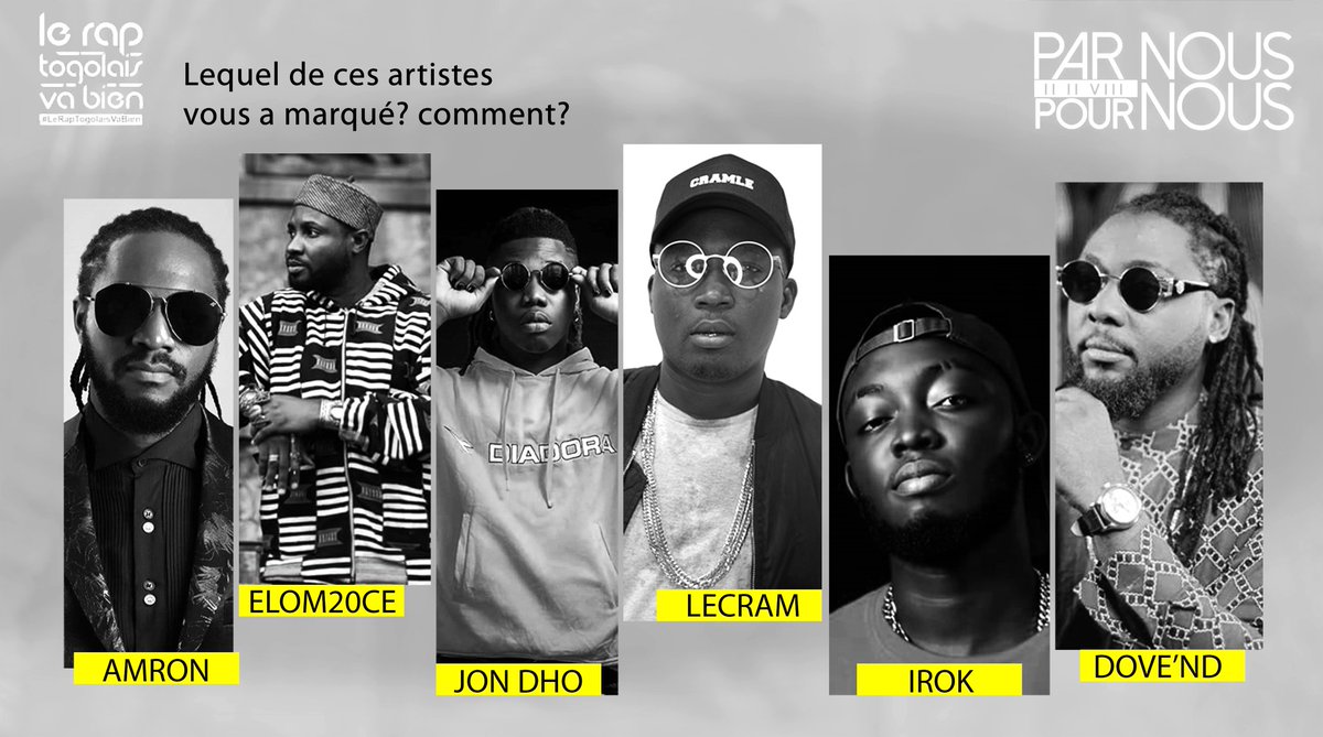 parnouspournous's tweet photo. #Team228 à vos claviers pour nous dire lequel de ces artistes vous a marqué ? et comment ?
1-#AMRON
2-#Elom20ce
3-#Jondho
4- #Lecram
5-#IROK
6-#Dovend
#PNPN #LeRapTogolaisVaBien https://t.co/H5UEhptnjS