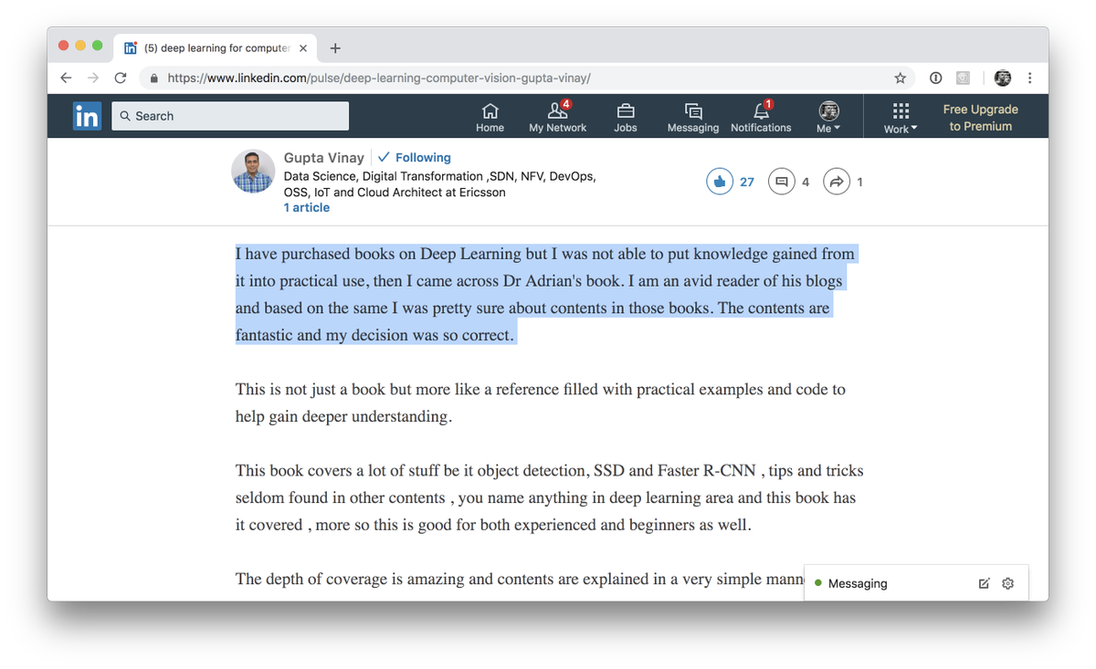 PyImageSearch's tweet photo. Another review of my book, #DeepLearning for #ComputerVision with #Python just in, this one from reader Gupta Vinay. Read the full review here: https://t.co/1eJfnOEHRS 👍 Thank you Vinay for taking the time to write it! #MachineLearning #ArtificialIntelligence #AI https://t.co/Kh72utsJYO